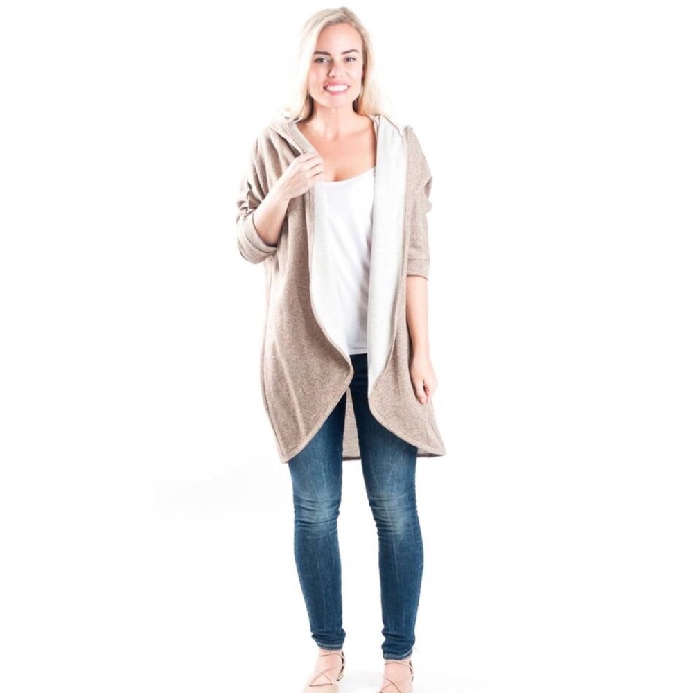 Open front hooded kimono style cardigan